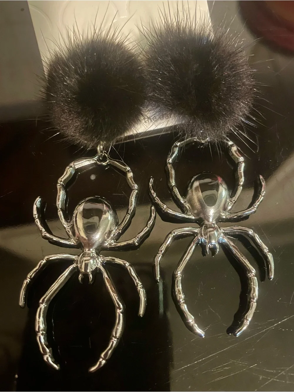 Black Fur Pom & Silver Spider Drop Earrings